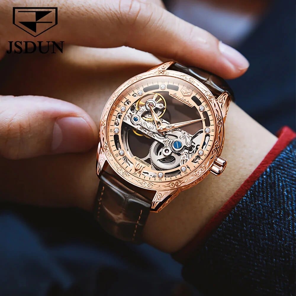 JSDUN Rose Gold Skeleton Luxury Men Automatic Watch